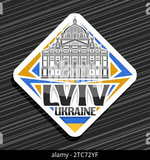 Vector logo for Lviv, white rhombus road sign with outline illustration of famous lviv theatre of opera and ballet, decorative refrigerator magnet wit Stock Vector