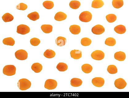 pattern of tasty dried apricots on white background, top view, flat lay, concept of healthy breakfast Stock Photo