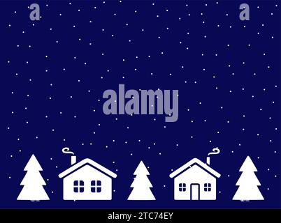 Christmas background with house, fir trees and snowfalls. Holiday card or greeting card. Happy New Year vector illustration. Stock Vector