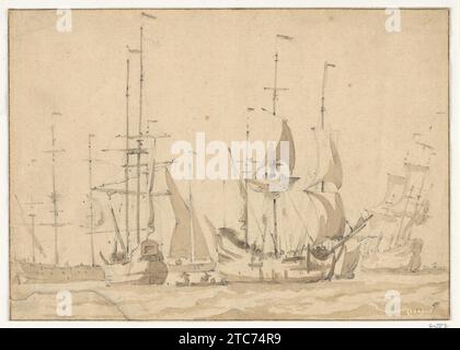 Dutch Merchant Ships at Anchor or under Easy Sail in a Moderate Breeze 1975 by Willem van de Velde I Stock Photo