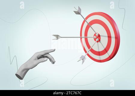 3d creative image picture collage of many arrows hit target center demonstrate successful job accomplishments Stock Photo