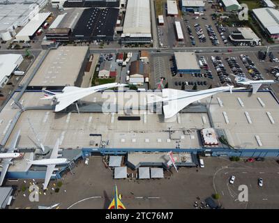 Overhead aerial view of Concorde and Tupolev 144 on the roof of the Technik Museum Sinsheim, Germany Stock Photo