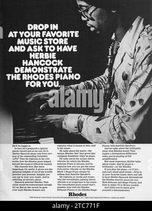 An advertisement from a late 1960's music magazine featuring Herbie Hancock pitching Fender Rhodes electronic pianos, Stock Photo