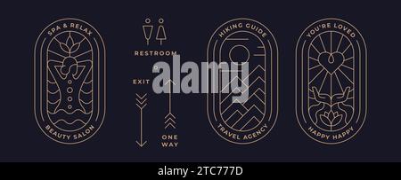 Set of minimalist line art logo template. Simple modern design line graphic badge for brand. Spa salon, sun mountain landscape, heart symbol. Collection vintage line icon sign. Vector Illustration Stock Vector
