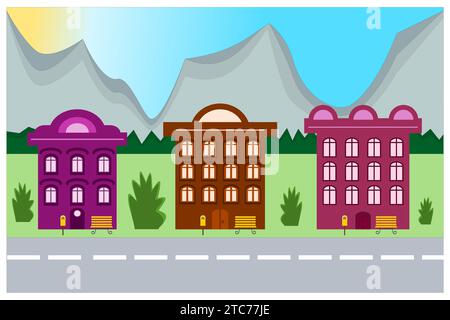 Three colorful houses on the street and mountains in the background Stock Vector