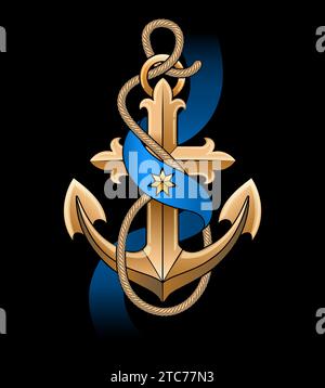 Hand Drawn Retro Ship Anchor with Ropes and Blue Ribbon. Hand Drawn vector illustration isolated on black background. No AI was used. Stock Vector