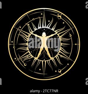 Vitruvian Man in Sacred Geometry Circle Inspired by Art of Leonardo da Vinci. Hand Drawn vector illustration isolated on black background. No AI was u Stock Vector