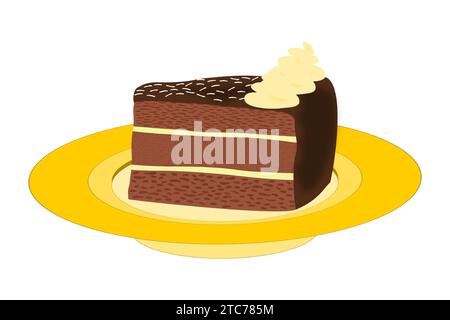 Piece of cake with chocolate and whipped cream on a yellow plate Stock Vector