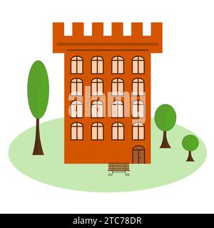 The orange house with a tower, a bench in front of the house, trees around the house Stock Vector