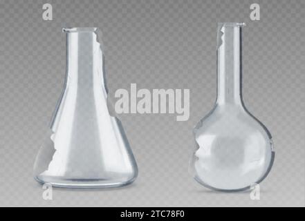 Broken test laboratory glass tube flask equipment. 3d lab beaker glassware realistic vector bottle set. Isolated transparent empty medical container f Stock Vector