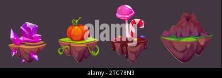 Game floating islands with glossy violet gemstone clusters, ripe pumpkin on grass, sweet candies on chocolate surface and sleeping volcano rocky mount Stock Vector