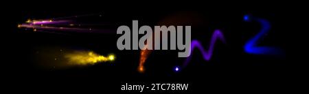 Missile or star light trail effect. Realistic vector illustration of rocket or space object falling or flying with colorful glowing neon tail. Magic f Stock Vector