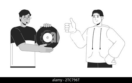 Best friends male retro enthusiasts diverse 2D linear cartoon characters Stock Vector