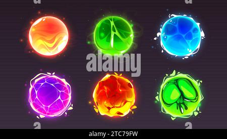 Magic energy effect ball, crystal orb power icon. Circle light glow sphere. Fantasy lava fireball. Witch lightning electric element. Green fortune abs Stock Vector