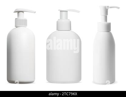 Pump dispenser soap bottle mockup. Liquid shower gel product pack, vector illustration. Shampoo pump package, isolated. Moisturizer product container Stock Vector