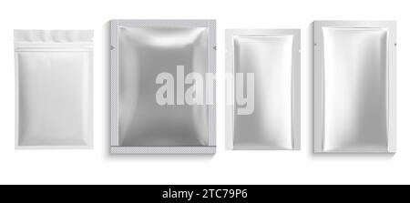 Paper sachet bag. Foil pouch mockup, white glossy plastic zipper packet blank. Facial mask sheet silver sachet design, cosmetic hygiene protection con Stock Vector