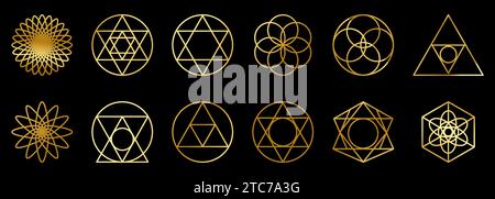 Sacred geometry icons in golden gradient. Geometry outline shapes isolated on black background Stock Vector