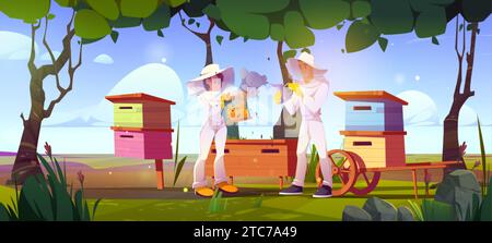 Two beekeepers working at bee farm. Vector cartoon illustration of man and woman harvesting honey from honeycomb in green garden with beehives, trees Stock Vector