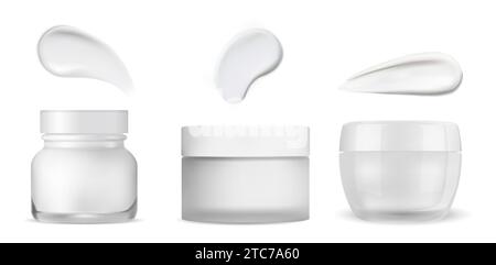 Cosmetic jar. White cream packaging with texture stroke. Realistic glass jar round vector template with smear drop. Skin care lotion bottle mockup, pl Stock Vector