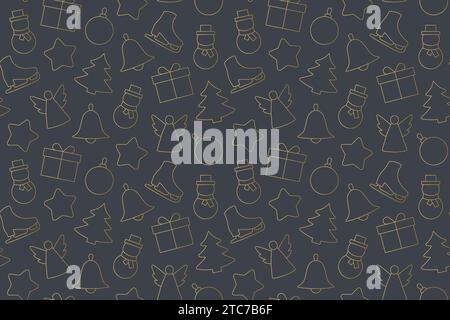 golden seamless christmas pattern with present, bauble, fir tree, star, bell, angel, snowman outline icons'; great for wrapping, textile, wallpaper, g Stock Vector