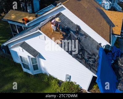 Drone photos of residential roof installation Stock Photo