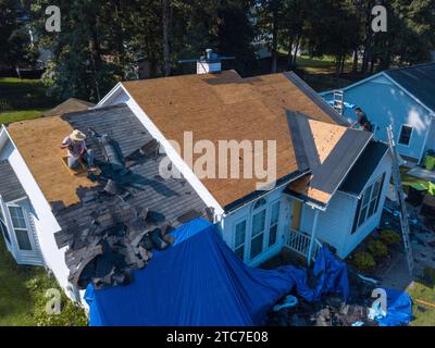 Drone photos of residential roof installation Stock Photo