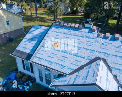 Drone photos of residential roof installation Stock Photo