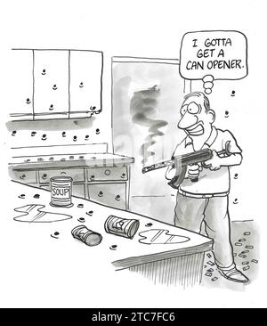 BW cartoon of a man using an AR-15 gun to open soup cans, he needs a can opener. Stock Photo