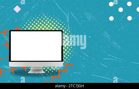 Modern art collage featuring an image of a blank monitor on a blue background with space for text. The concept of working and promoting your product. Stock Photo