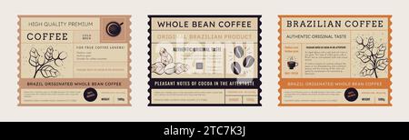 Coffee label. Bean package emblem design, vintage food sticker for cafe or premium quality product, retro plant and berry. Retro stamp or sticker. Hot Stock Vector