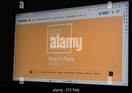 A view of the monitor after the announcement of the color of the year 2024 by Pantone. It is a juicy Peach Fuzz color according to Pantone 13-1023. Th Stock Photo