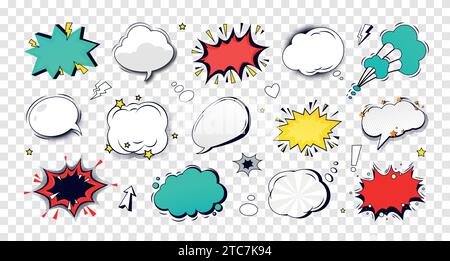 Speech balloon. Comic cloud for comic text, arrow elements, retro hand drawn lightning sketch, pop art style halftone art shapes. Retro empty frame wi Stock Vector