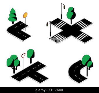 Road parts. City street blocks with crossroads and crosswalk. Isometric roadway. Lights and traffic signs. Urban highway. Green bushes or trees. Const Stock Vector