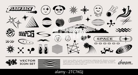 Y2k icons. Logo elements, retro planet, space and vintage 2000 shapes, future rave stars. Black silhouette. Funny smile characters, abstract geometric Stock Vector