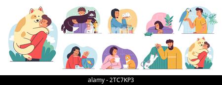 People pets. Men and women hold dog and cat, family owner love and care characters, puppy and fish, parrot and turtle in veterinarian clinic, funny ve Stock Vector