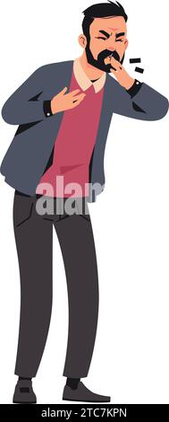 Sick man. Man with fever and corona virus disease symptoms or allergy. Male character sneeze and cough with high temperature, unhealthy person with in Stock Vector