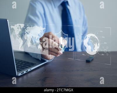 Cyber security concept. Online or internet protection. A stylus touches secured access for data of users or customers. Digital firewall for personal d Stock Photo