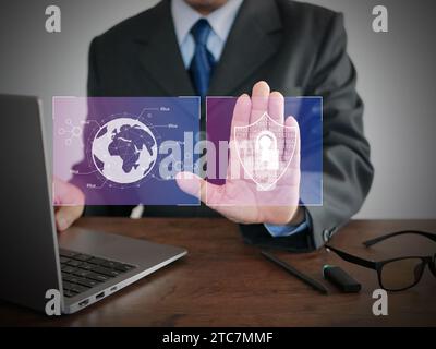 Cyber security concept. Online or internet protection. A hand touches secured access for data of users or customers. Digital firewall for personal dat Stock Photo