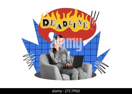 Illustration creative collage banner poster amazed stressed business lady sitting laptop chair manage deal deadline hurry talk phone Stock Photo