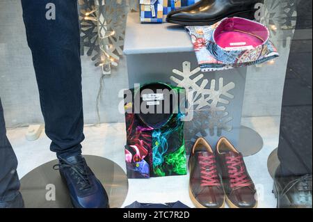 Male designer clothing on display in a shop window, Glasgow, Scotland, UK, Europe Stock Photo