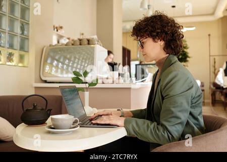 Female freelancer filling spreadsheet on her laptop while sitting at local cafeteria Stock Photo