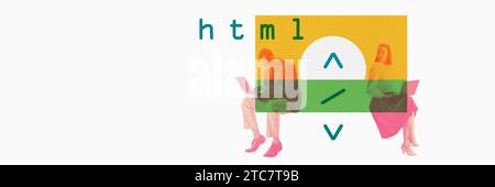 Young man and woman, programmer working on laptop, writing html code for website creation. Contemporary art collage Stock Photo