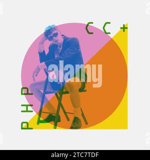 Young stylish man in sunglasses, programmer working, writing code for website and apps development. Contemporary art collage Stock Photo
