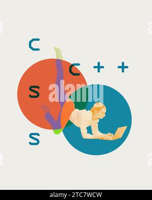 CSS and C plus programmer. Young woman working on laptop, writing code, developing websites, programs, apps. Contemporary art collage Stock Photo