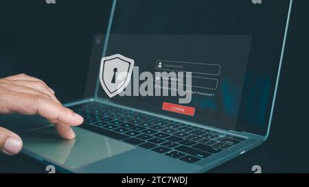 Cyber security and password login concept, Hands uses computer and entering username and password of data network, log in with laptop to digital infor Stock Photo