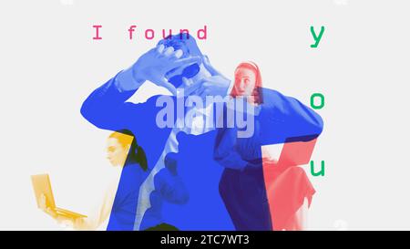 Young people working on cyber security, developing special apps, websites, codes for securing personal and professional information. Contemporary art Stock Photo
