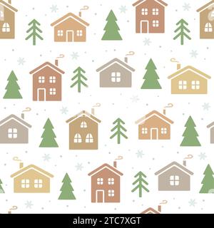 Seamless pattern with Christmas houses and fir trees in winter. Festive background. Happy New Year vector illustration. Stock Vector