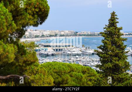 Cannes, France. 18th July 2019. Aerial panoramic view of Old Port of Cannes, beach and sea. Stock Photo
