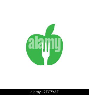 Green apple and negative space of fork logo designs inspiration isolated on white background. Negative space fork merged with nutritionist apple Stock Vector
