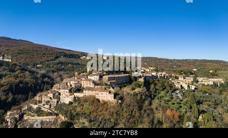 Stunning aerial view of the medieval Tuscan village of Cetona, elected one of the most beautiful villages in Italy. Stock Photo